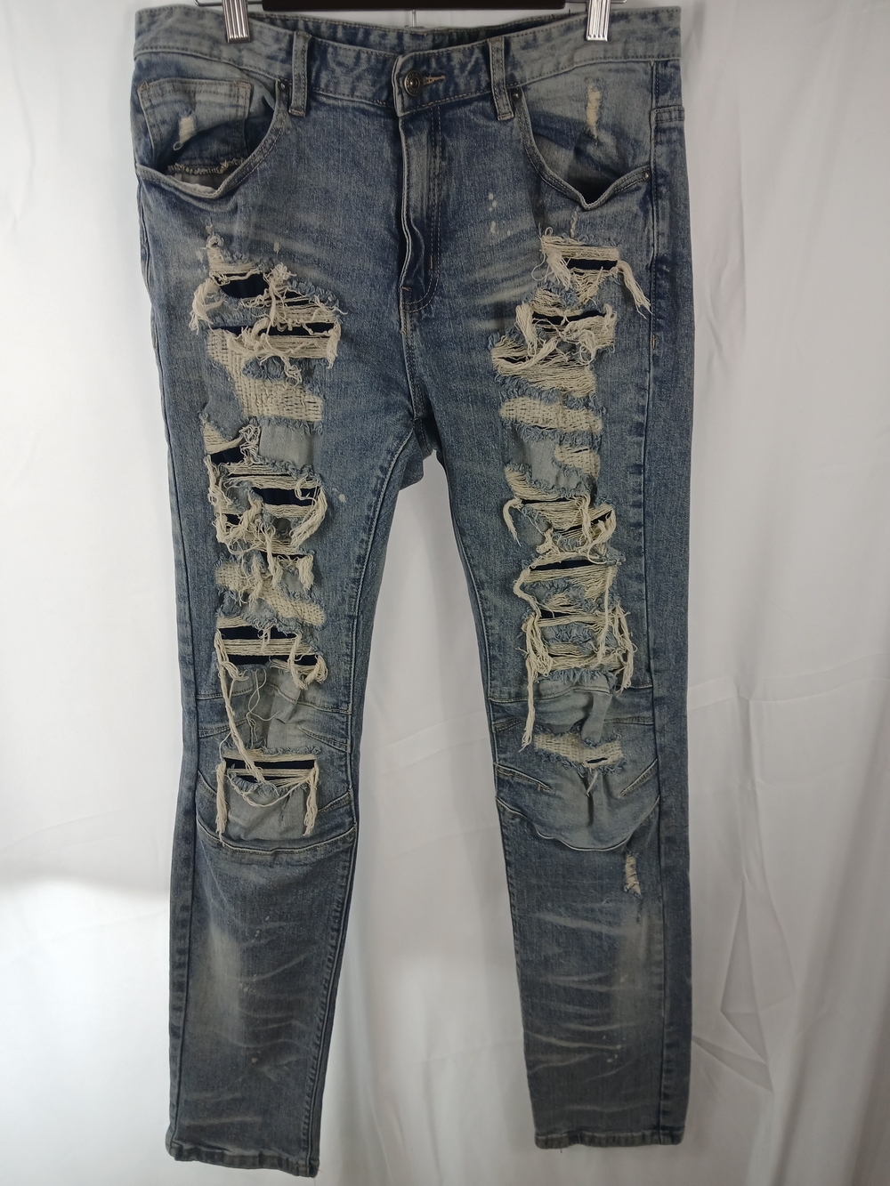 Smoke Rise Men’s Distressed Skinny Jeans 34x34 Light Wash Moto Biker Stacked